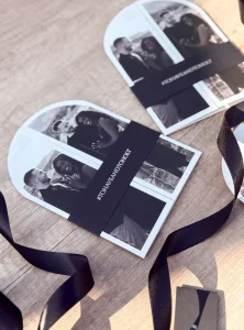 Black & White Arch Shaped Gatefold Wedding Invitation with Foiled Belly Band