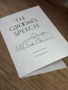 A speech booklet with venue sketch on the front